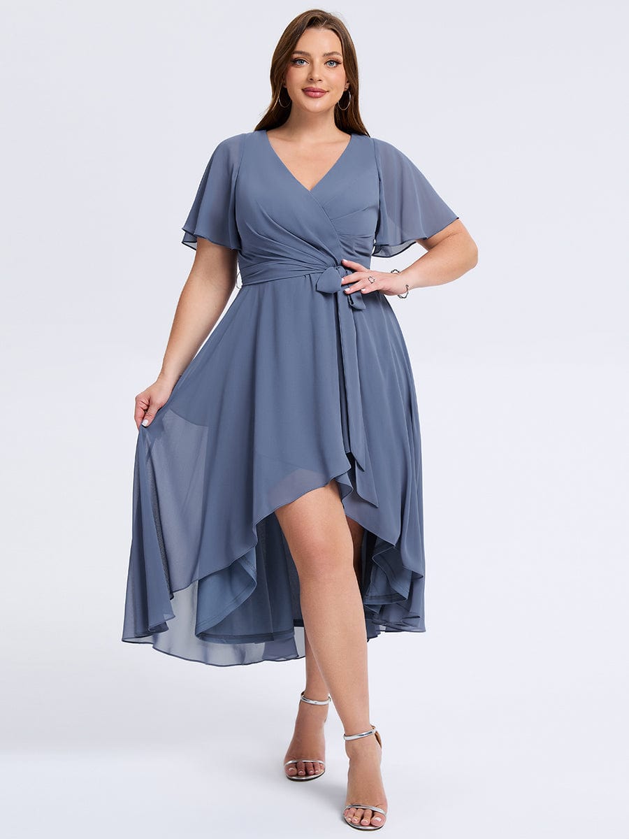 Plus Size Tie Knot Chiffon Wedding Guest Dress #color_Dusty Blue