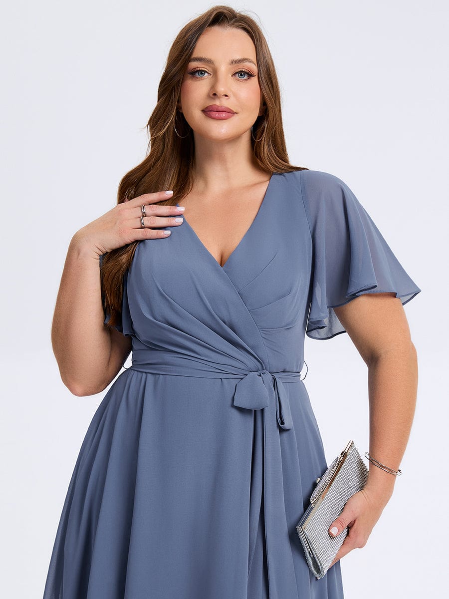 Plus Size Tie Knot Chiffon Wedding Guest Dress #color_Dusty Blue
