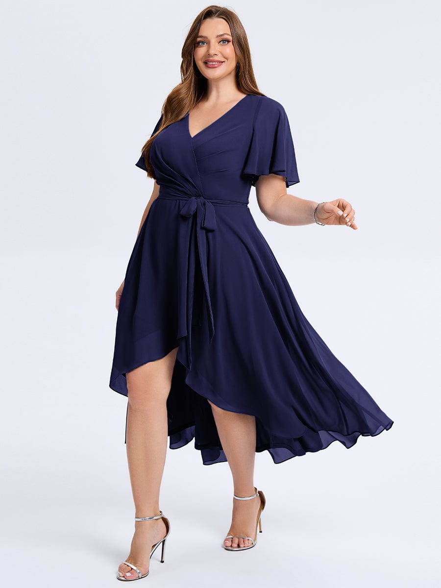 Plus Size Tie Knot Chiffon Wedding Guest Dress #color_Navy Blue