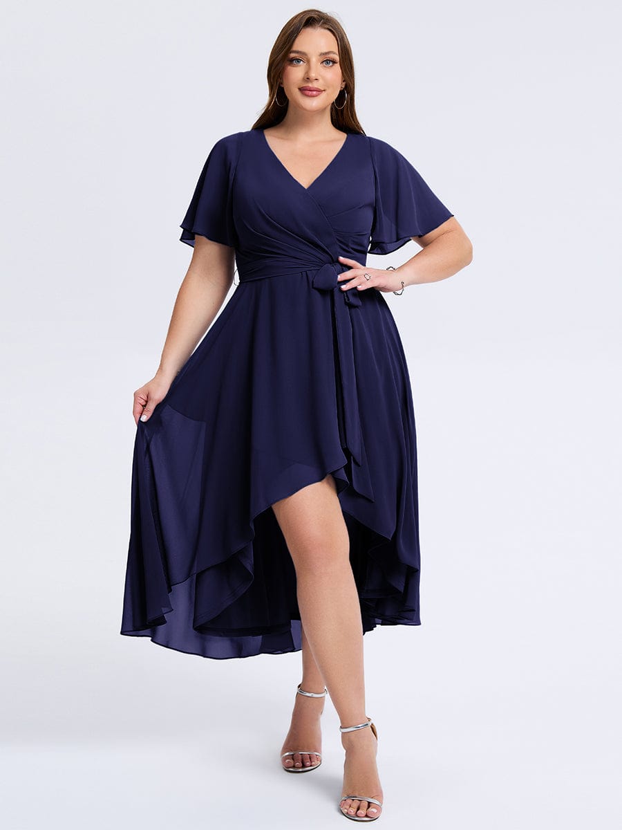 Plus Size Tie Knot Chiffon Wedding Guest Dress #color_Navy Blue