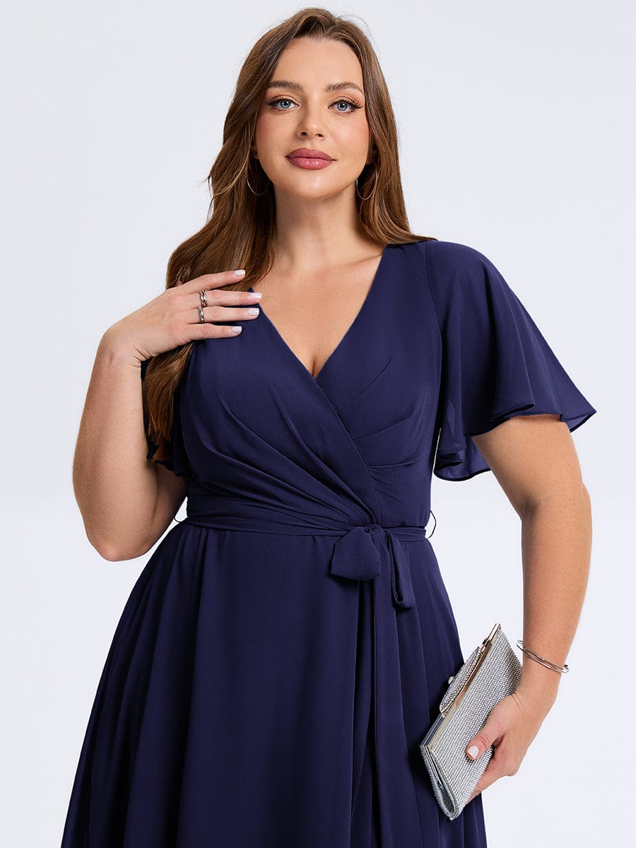 Plus Size Tie Knot Chiffon Wedding Guest Dress #color_Navy Blue