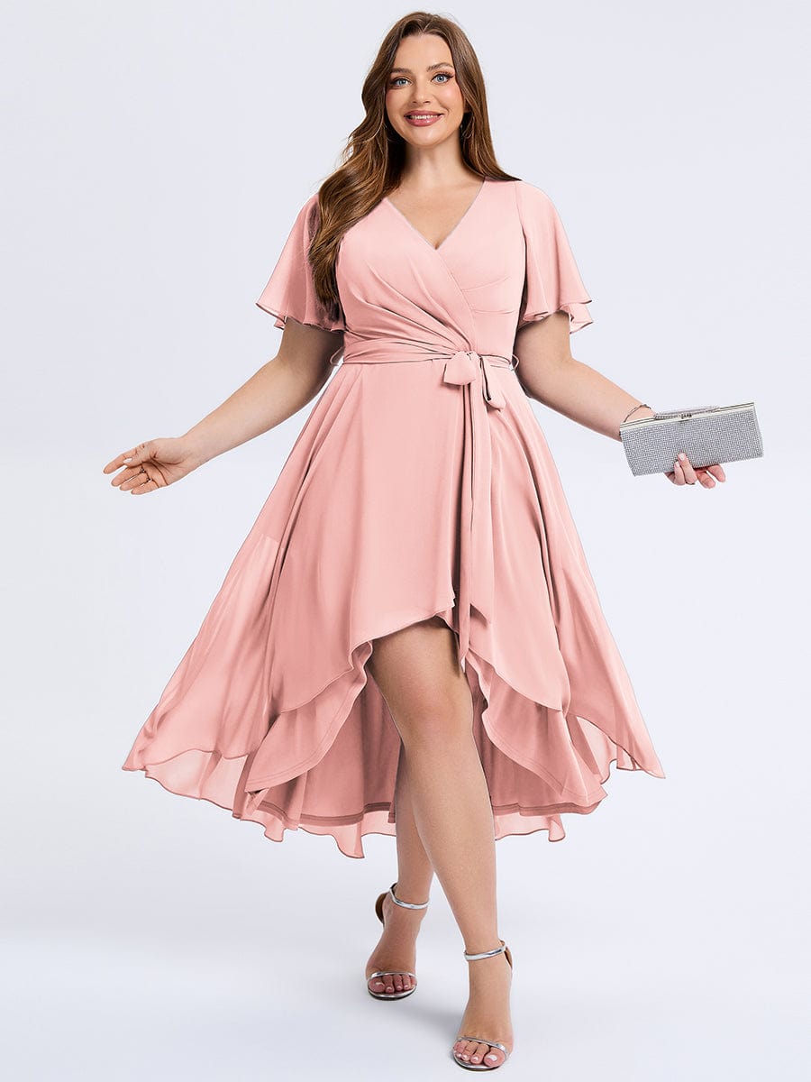 Plus Size Tie Knot Chiffon Wedding Guest Dress #color_Pink
