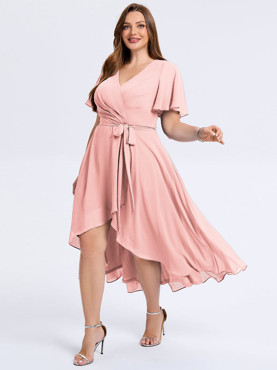 Plus Size Tie Knot Chiffon Wedding Guest Dress #color_Pink