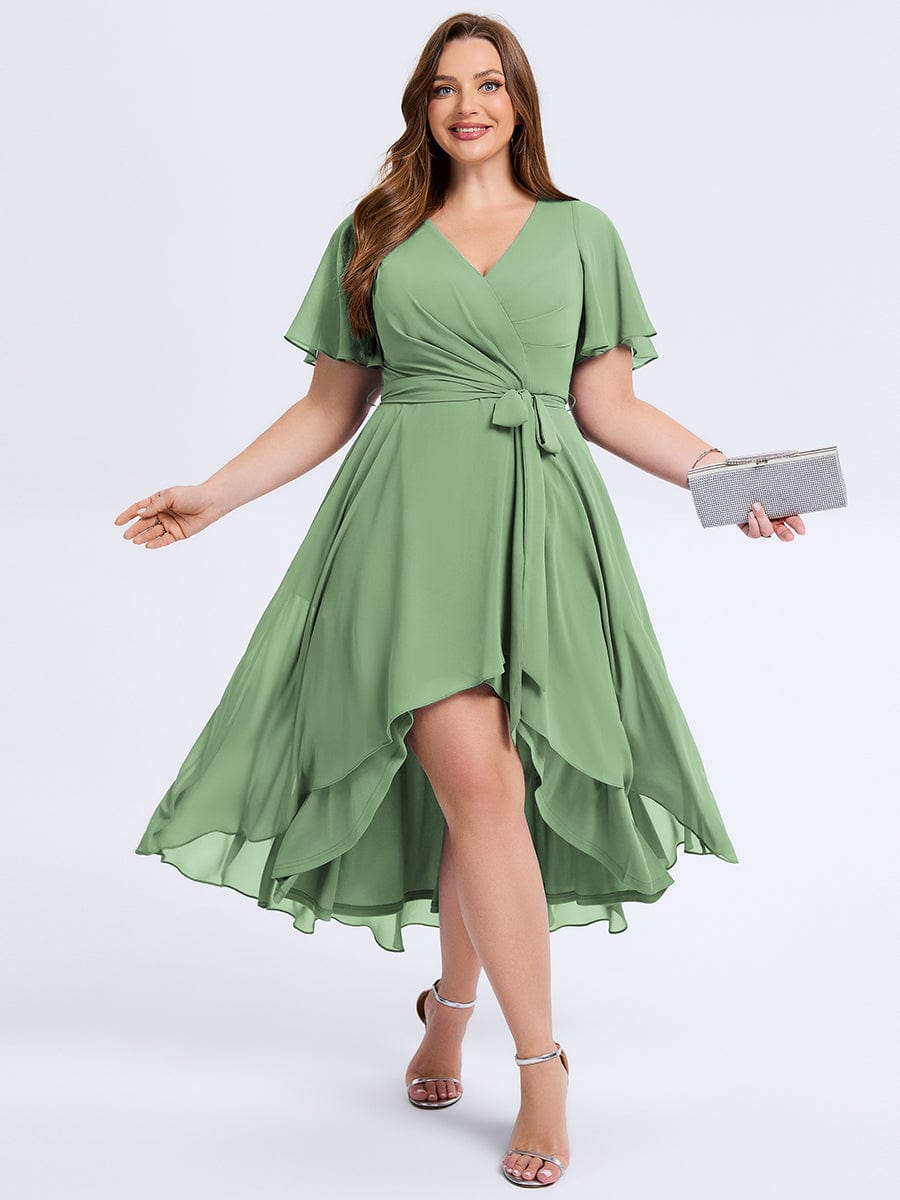 Plus Size Tie Knot Chiffon Wedding Guest Dress #color_Sage Green