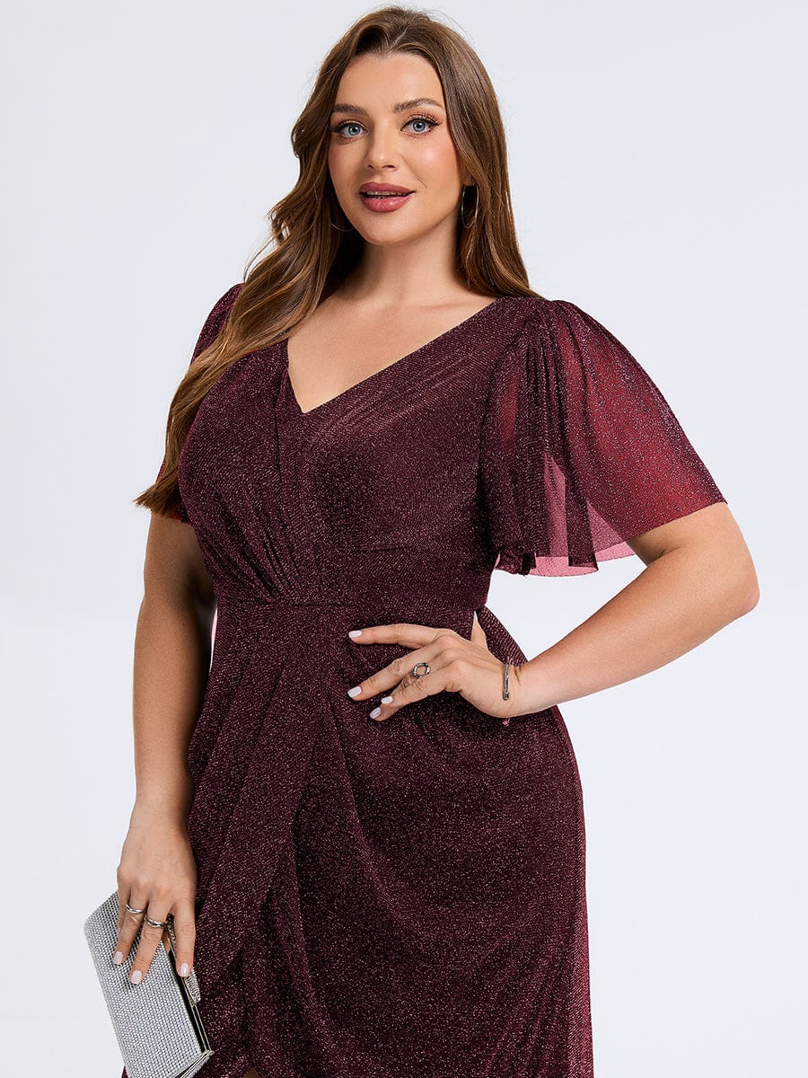 Plus Size Slit Mesh Wedding Guest Dress #color_Burgundy