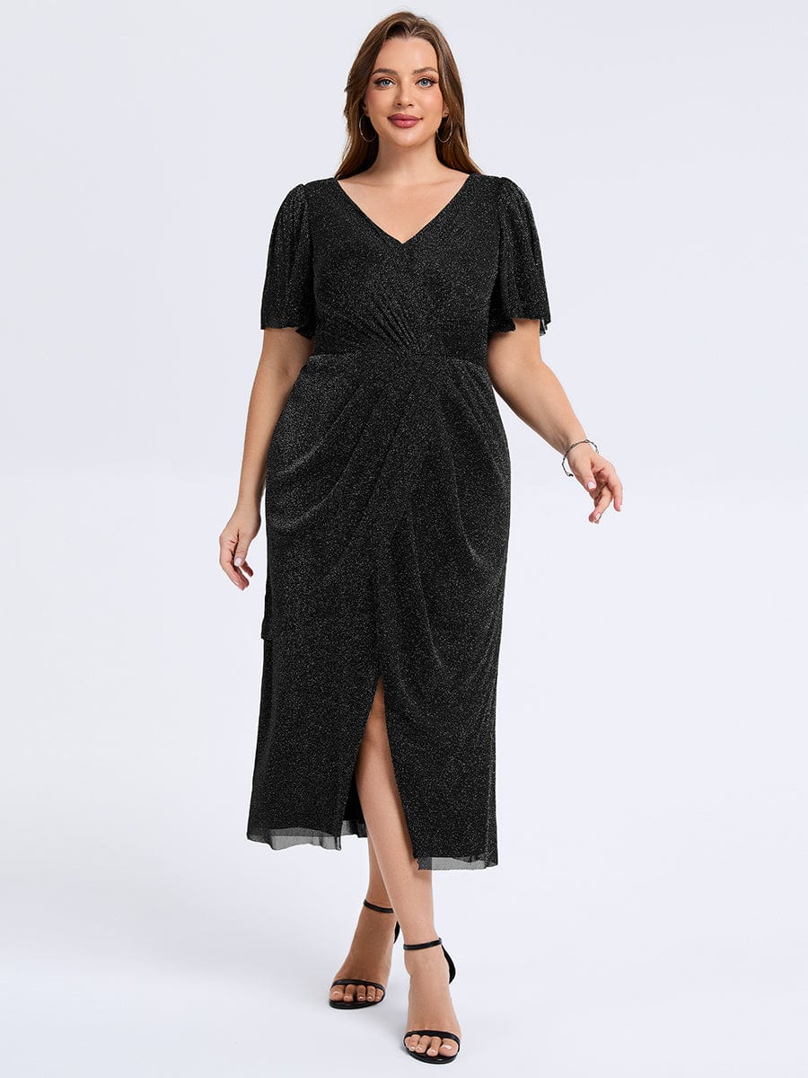 Plus Size Slit Mesh Wedding Guest Dress #color_Black