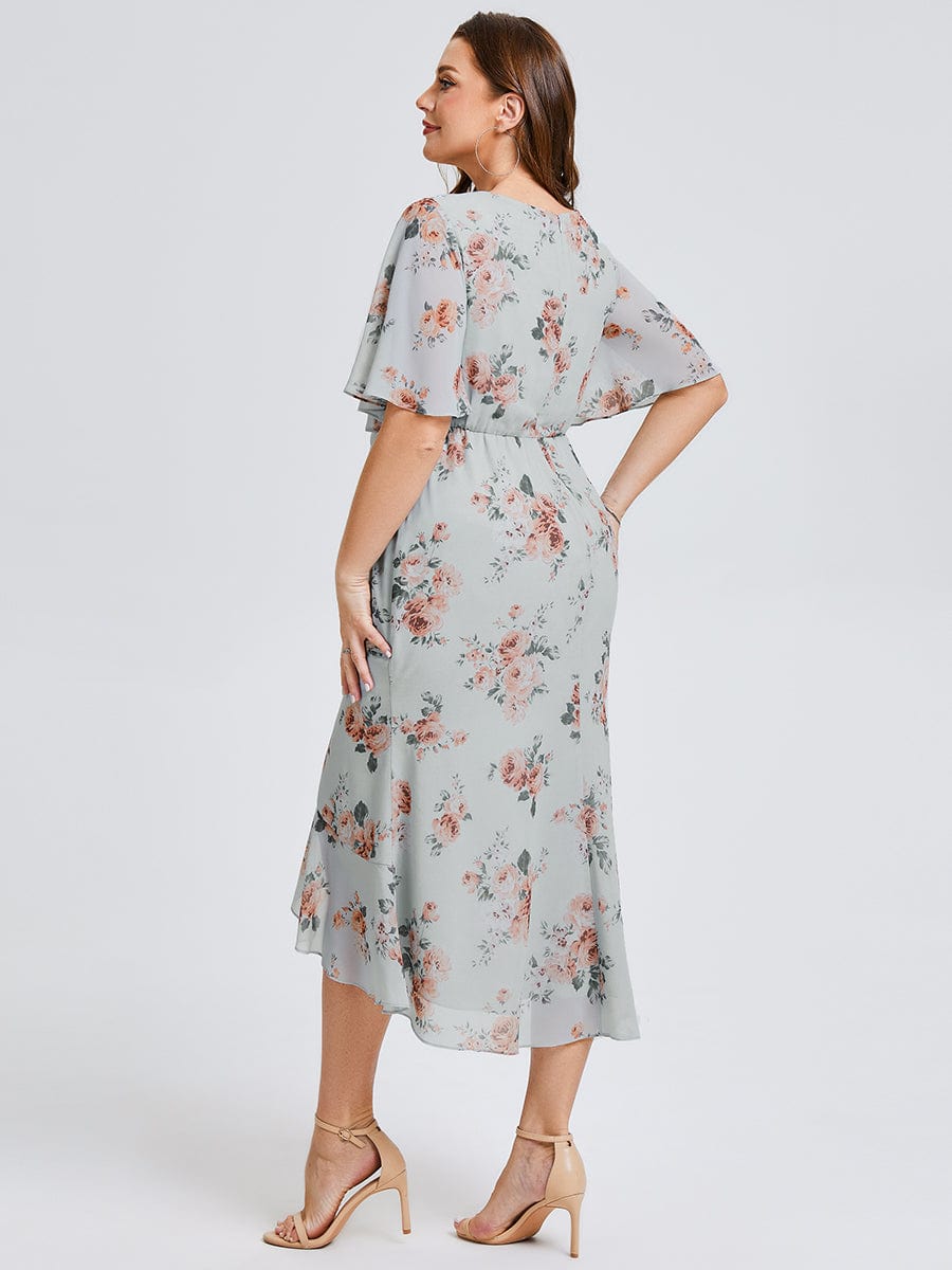 Plus Size Printed Bodycon V-Neck Midi Dress #color_Amber Bloom