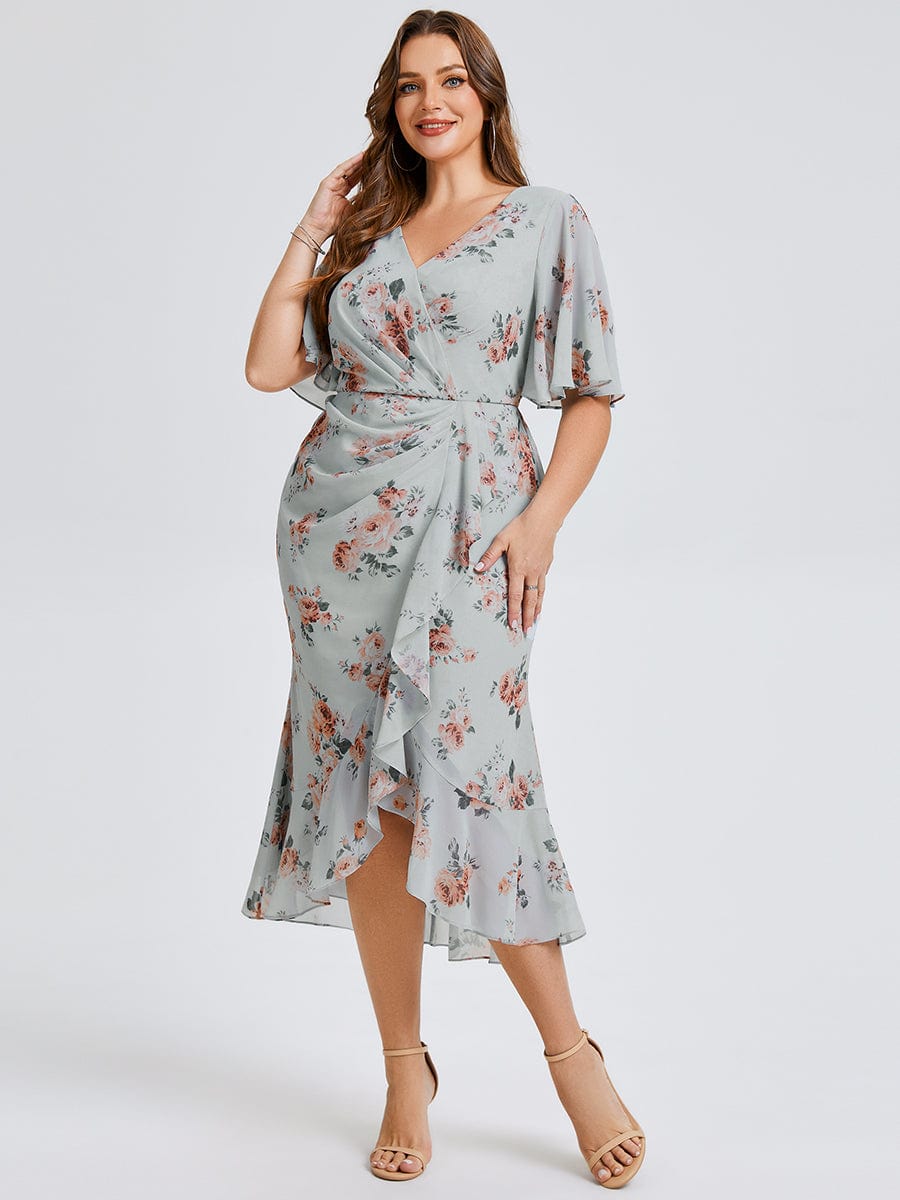 Plus Size Printed Mermaid Chiffon Wedding Guest Dress #color_Amber Bloom