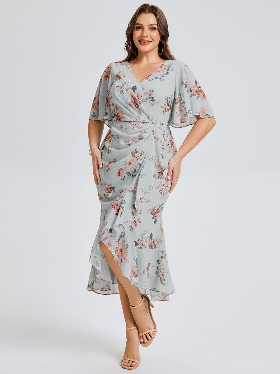 Plus Size Printed Mermaid Chiffon Wedding Guest Dress #color_Amber Bloom