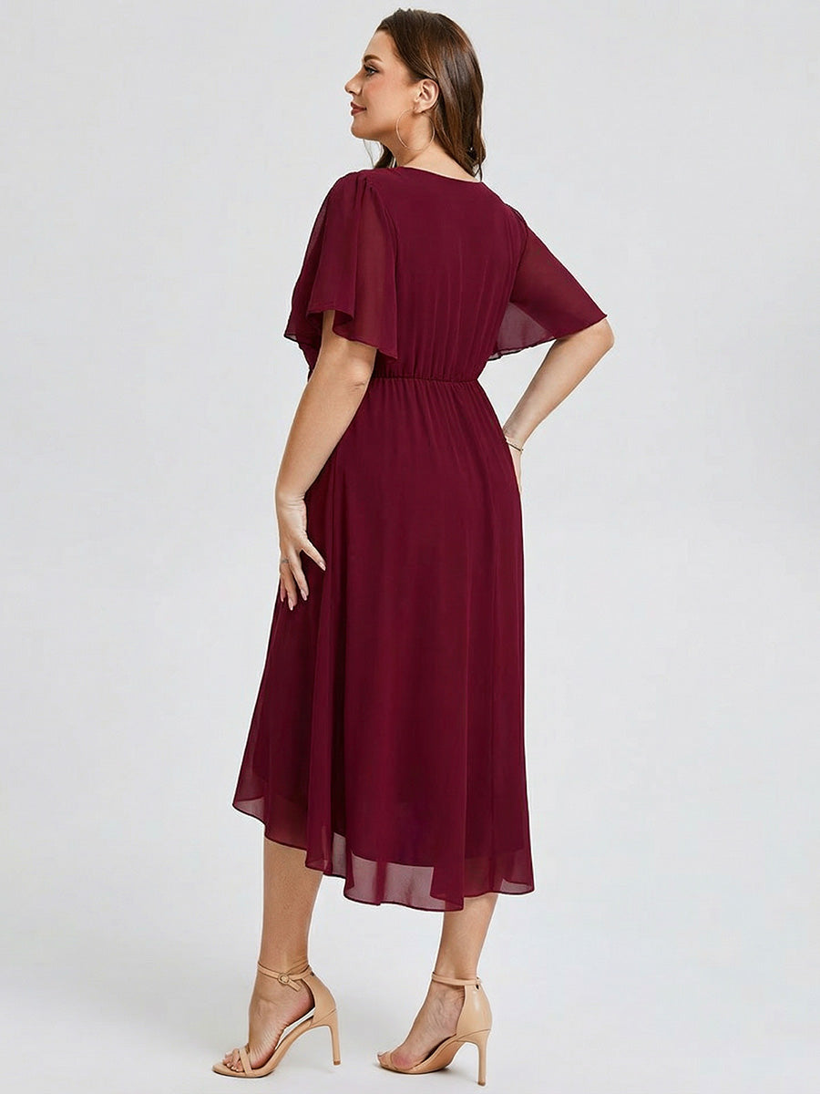 Plus Size Printed Bodycon V-Neck Midi Dress #color_Burgundy