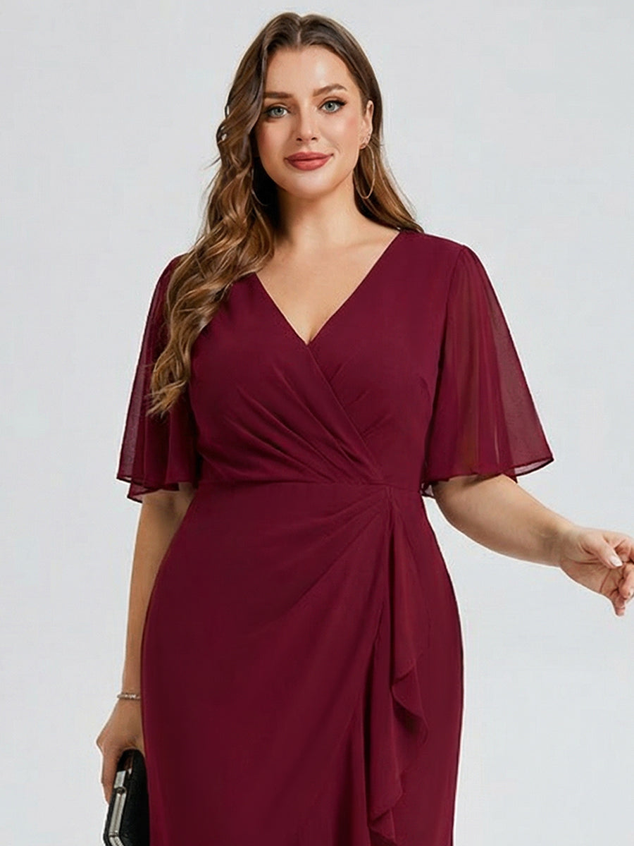 Plus Size Printed Bodycon V-Neck Midi Dress #color_Burgundy