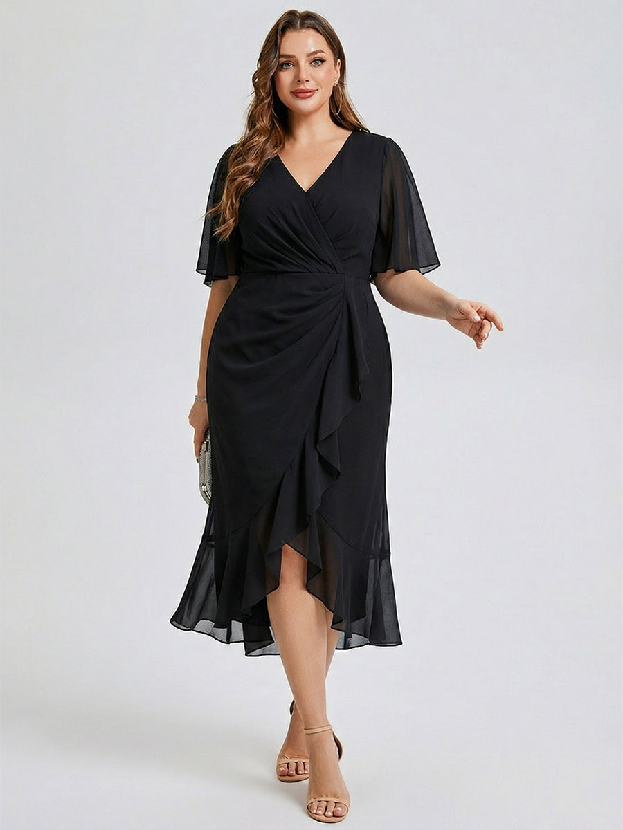 Plus Size Printed Bodycon V-Neck Midi Dress #color_Black