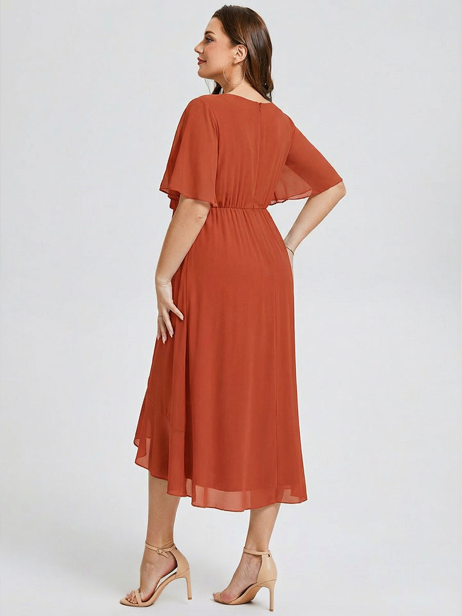 Plus Size Printed Bodycon V-Neck Midi Dress #color_Burnt Orange