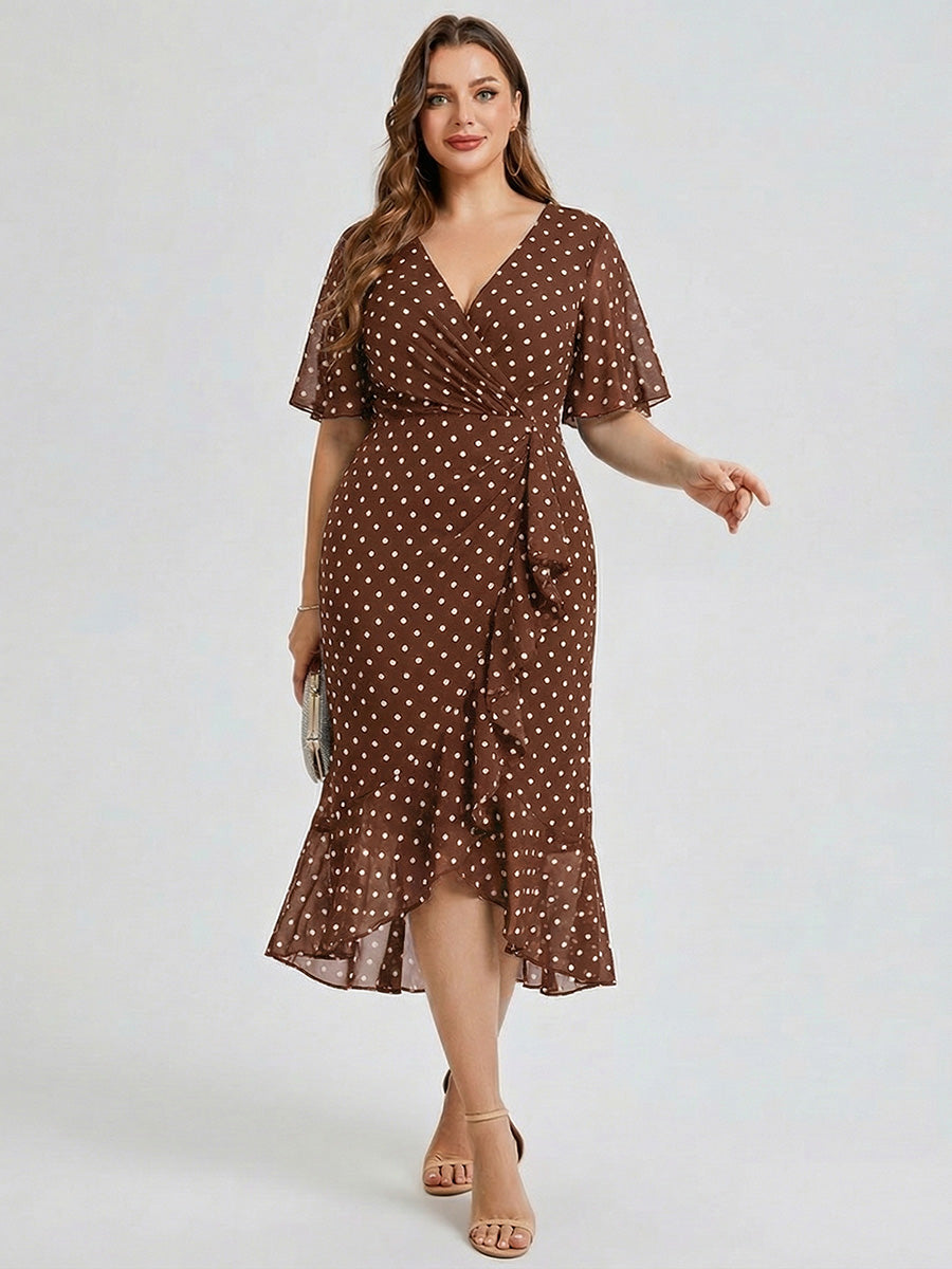 Plus Size Printed Bodycon V-Neck Midi Dress #color_Brown Polka Dots