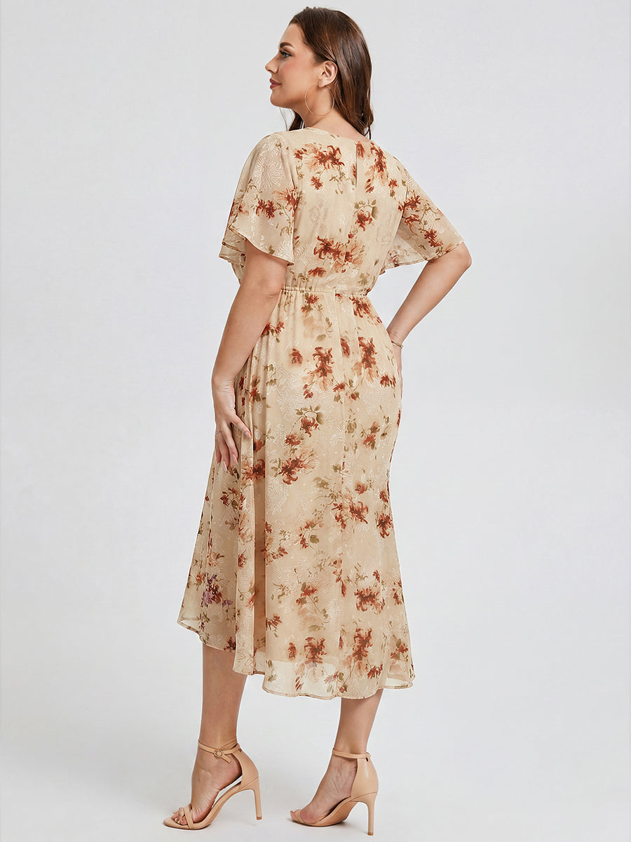 Plus Size Printed Bodycon V-Neck Midi Dress #color_Champagne Print