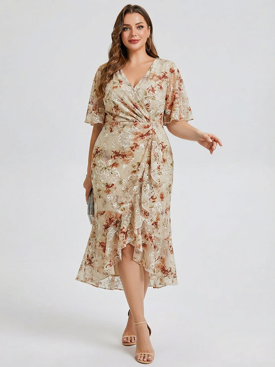 Plus Size Printed Bodycon V-Neck Midi Dress #color_Champagne Print