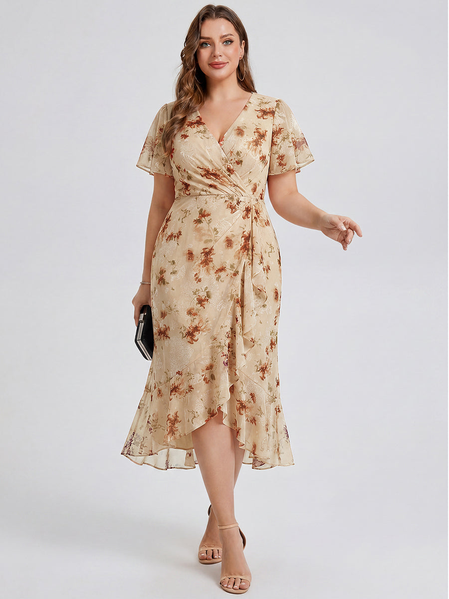 Plus Size Printed Bodycon V-Neck Midi Dress #color_Champagne Print