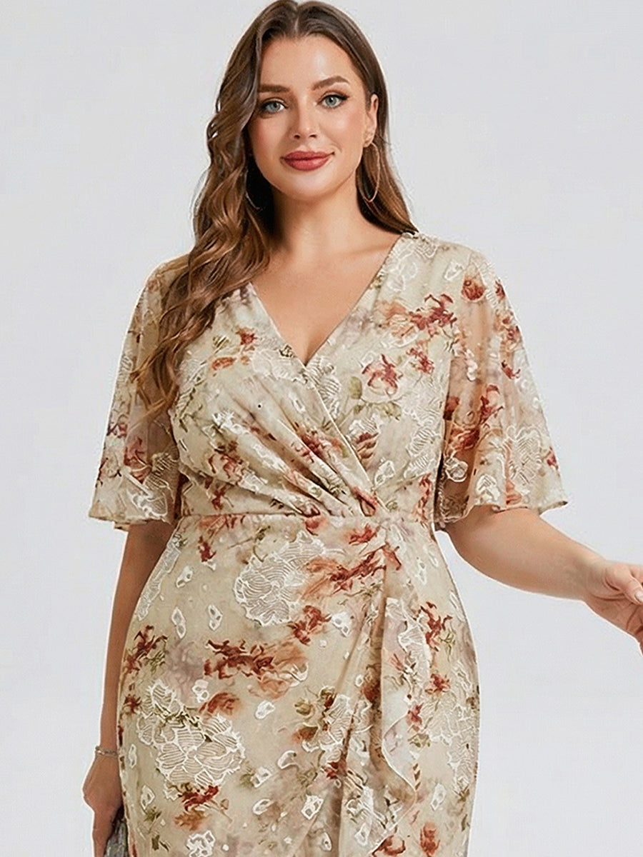 Plus Size Printed Bodycon V-Neck Midi Dress #color_Champagne Print