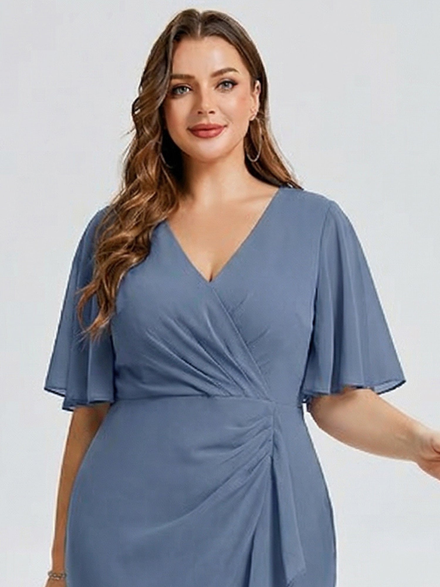 Plus Size Printed Bodycon V-Neck Midi Dress #color_Dusty Blue