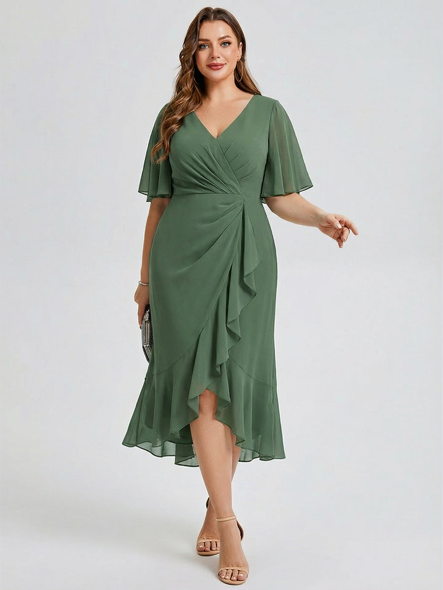 Plus Size Printed Bodycon V-Neck Midi Dress #color_Eucalyptus