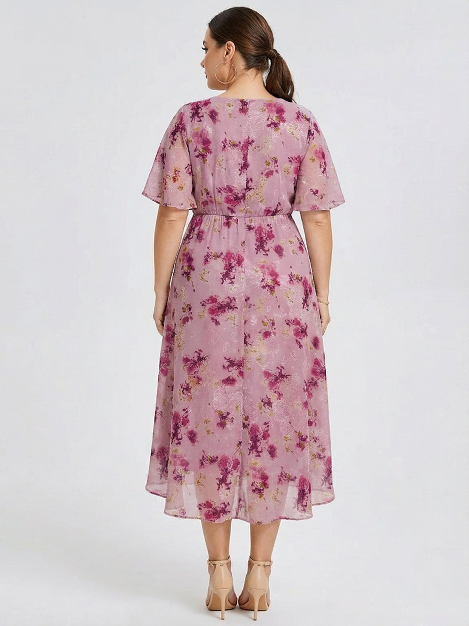 Plus Size Printed Bodycon V-Neck Midi Dress #color_Light Purple Print