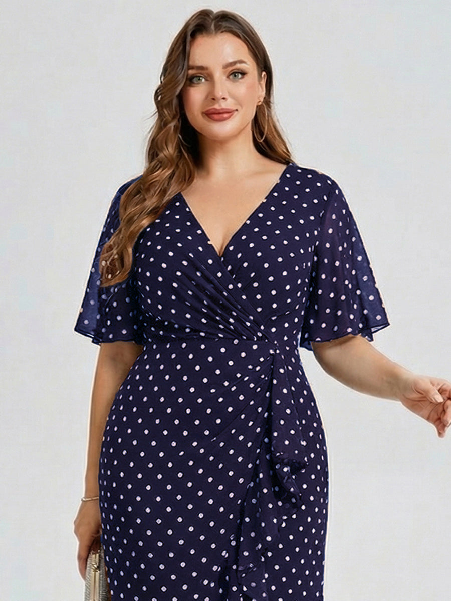Plus Size Printed Bodycon V-Neck Midi Dress #color_Navy Blue Polka Dots