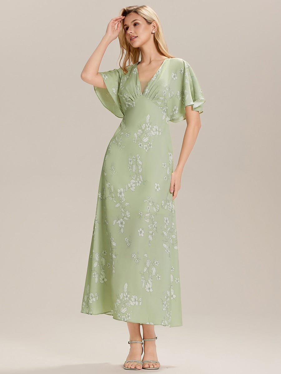 Printed Satin Drop Shoulder Sleeve Wedding Guest Dress #color_Vintage Primrose Celadon