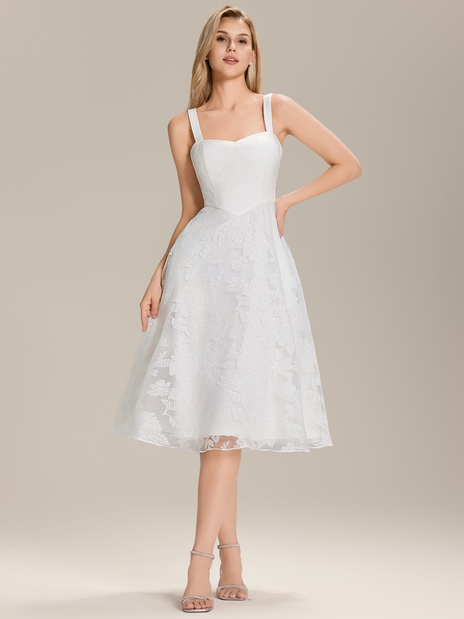 Floral Print Mesh Wedding Guest Dress With Pocket #color_White
