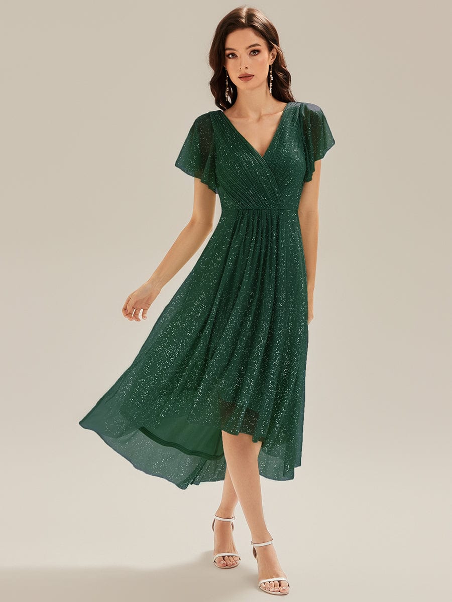 Pleated Glitter Ruffle Sleeve Dress #color_Dark Green