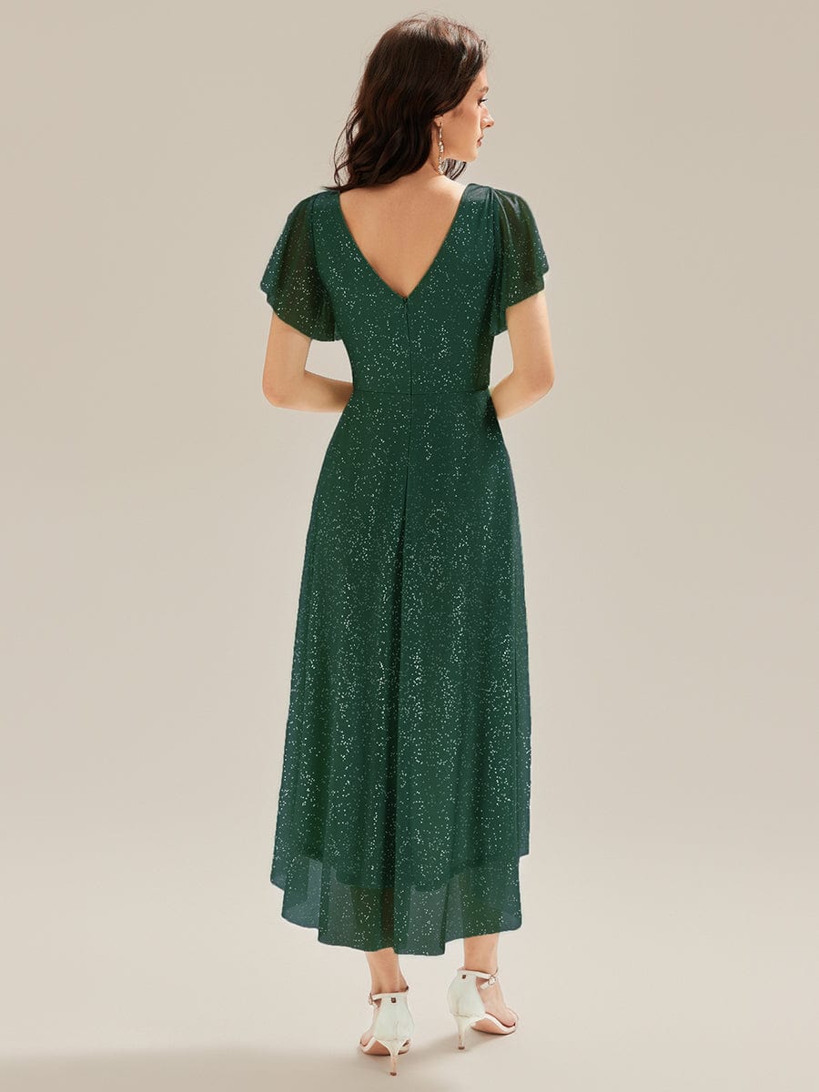Pleated Glitter Ruffle Sleeve Dress #color_Dark Green