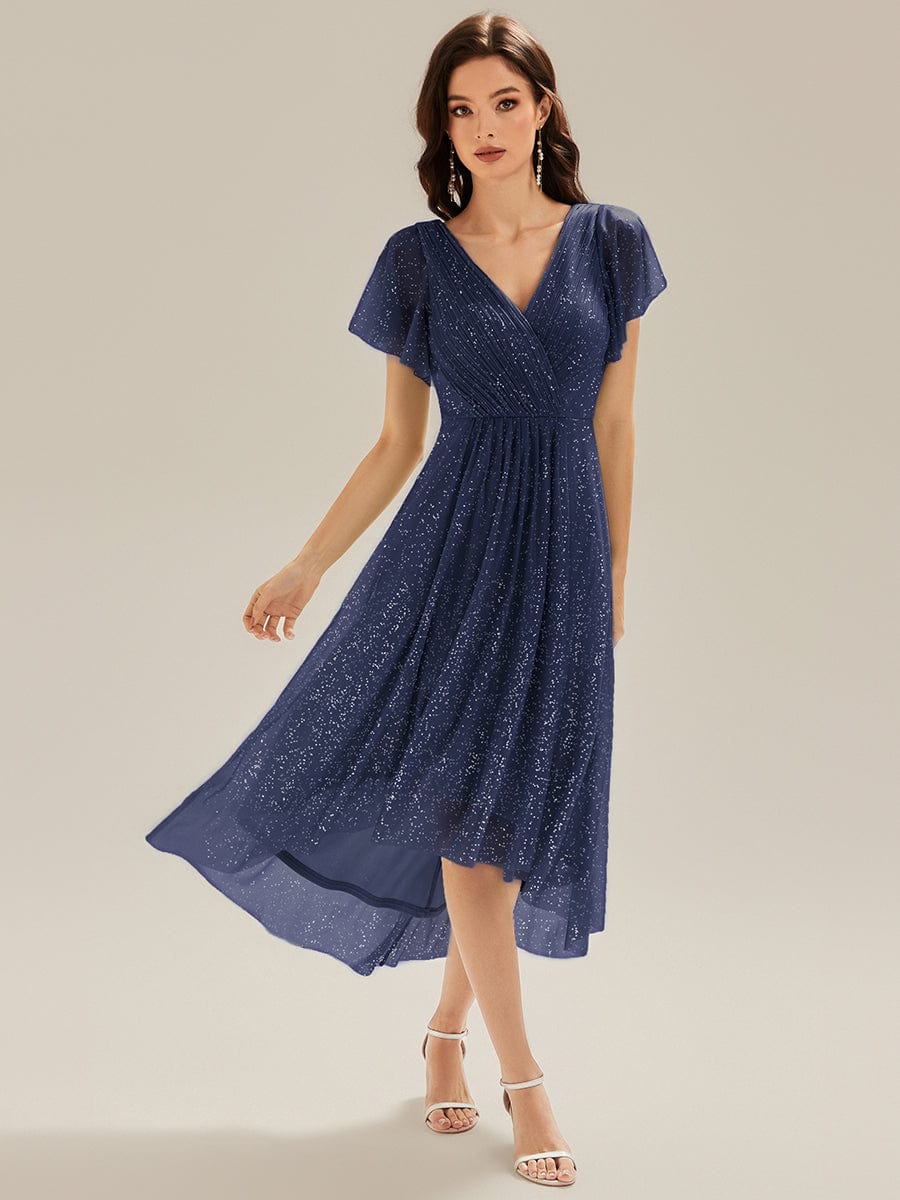 Pleated Glitter Ruffle Sleeve Dress #color_Navy Blue