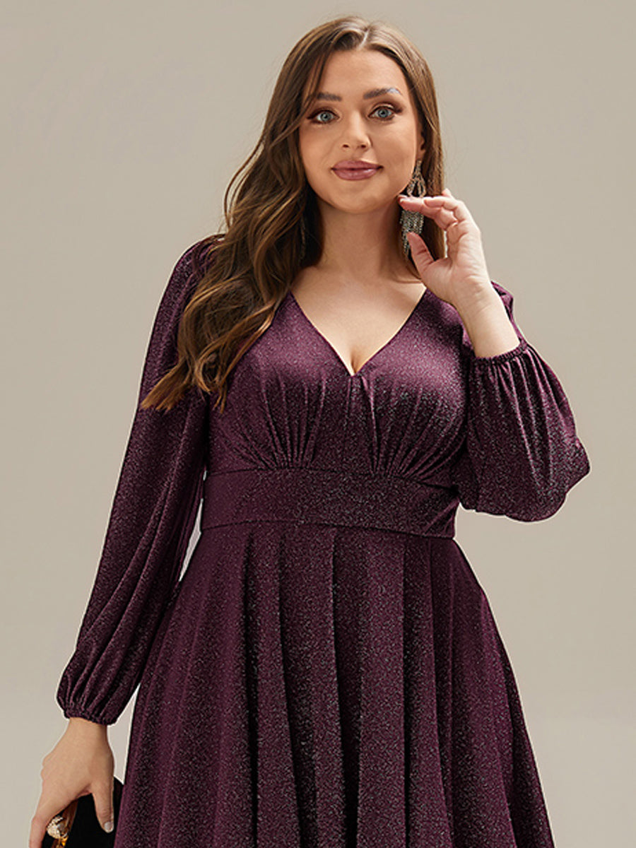 Glitter long Sleeve A-Line Midi Dress With Pocket #color_Dark Purple