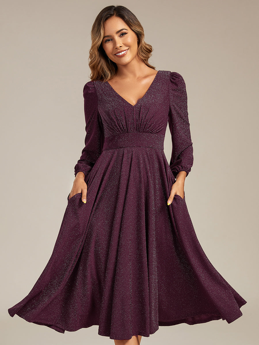 With Pocket Glitter Midi Wedding Guest Dress #color_Dark Purple