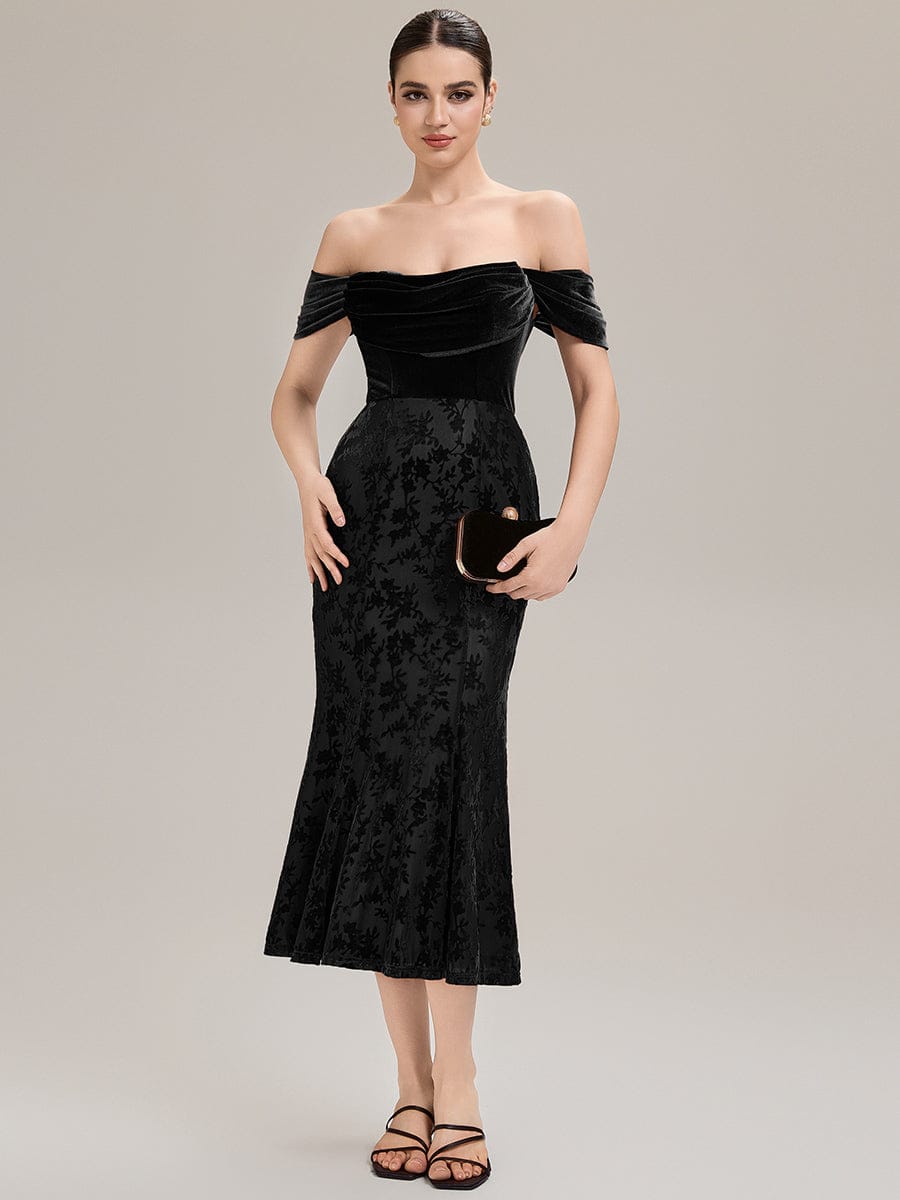 Cowl Neck Velvet Drop Shoulder Sleeve Wedding Guest Dress #color_Black