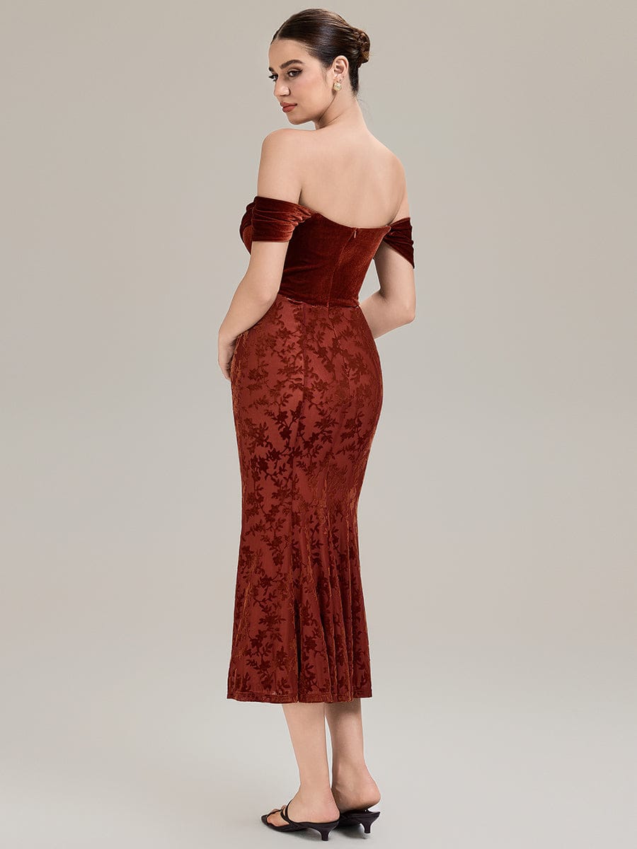 Cowl Neck Velvet Drop Shoulder Sleeve Wedding Guest Dress #color_Brick Red