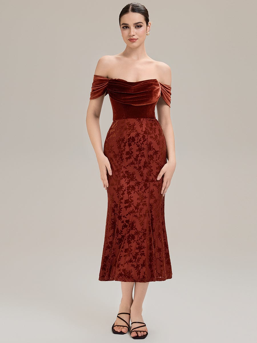 Cowl Neck Velvet Drop Shoulder Sleeve Wedding Guest Dress #color_Brick Red
