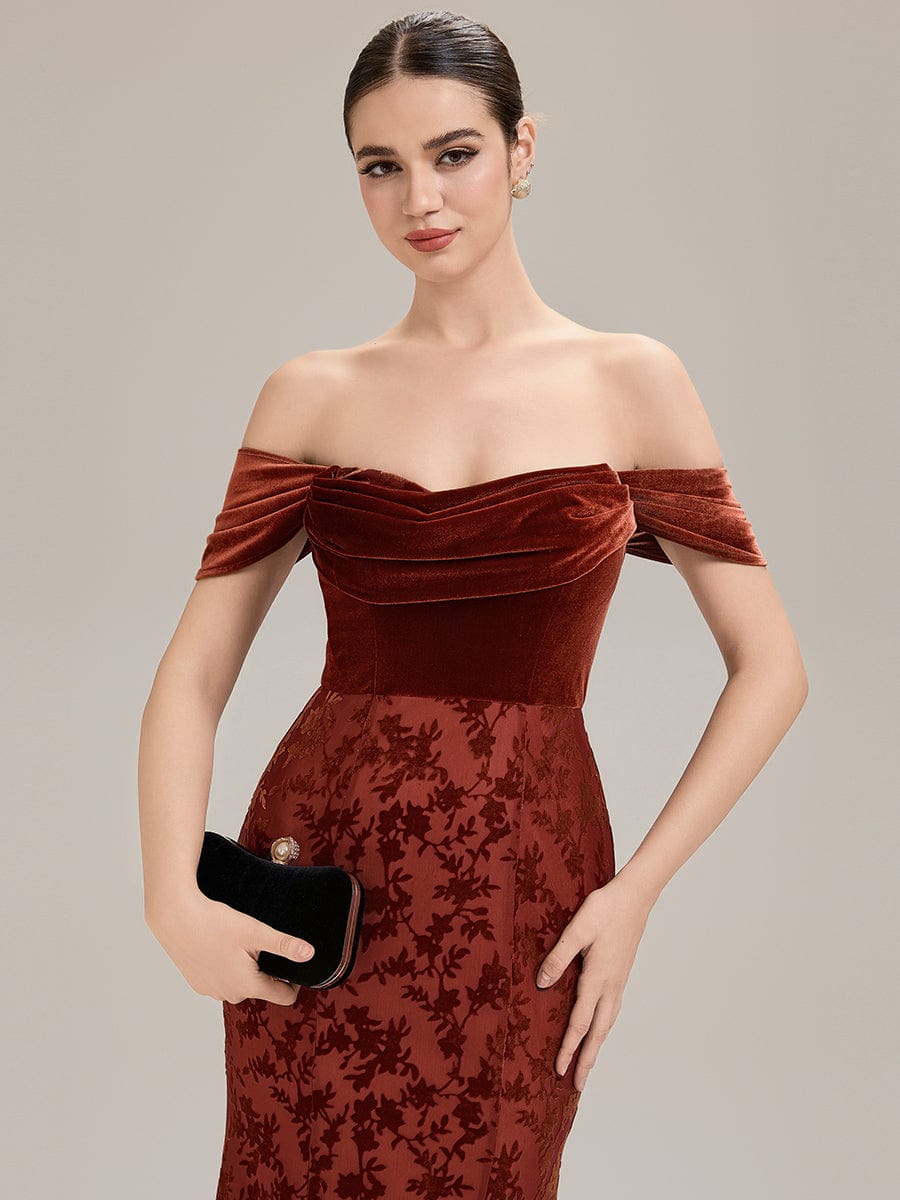 Cowl Neck Velvet Drop Shoulder Sleeve Wedding Guest Dress #color_Brick Red