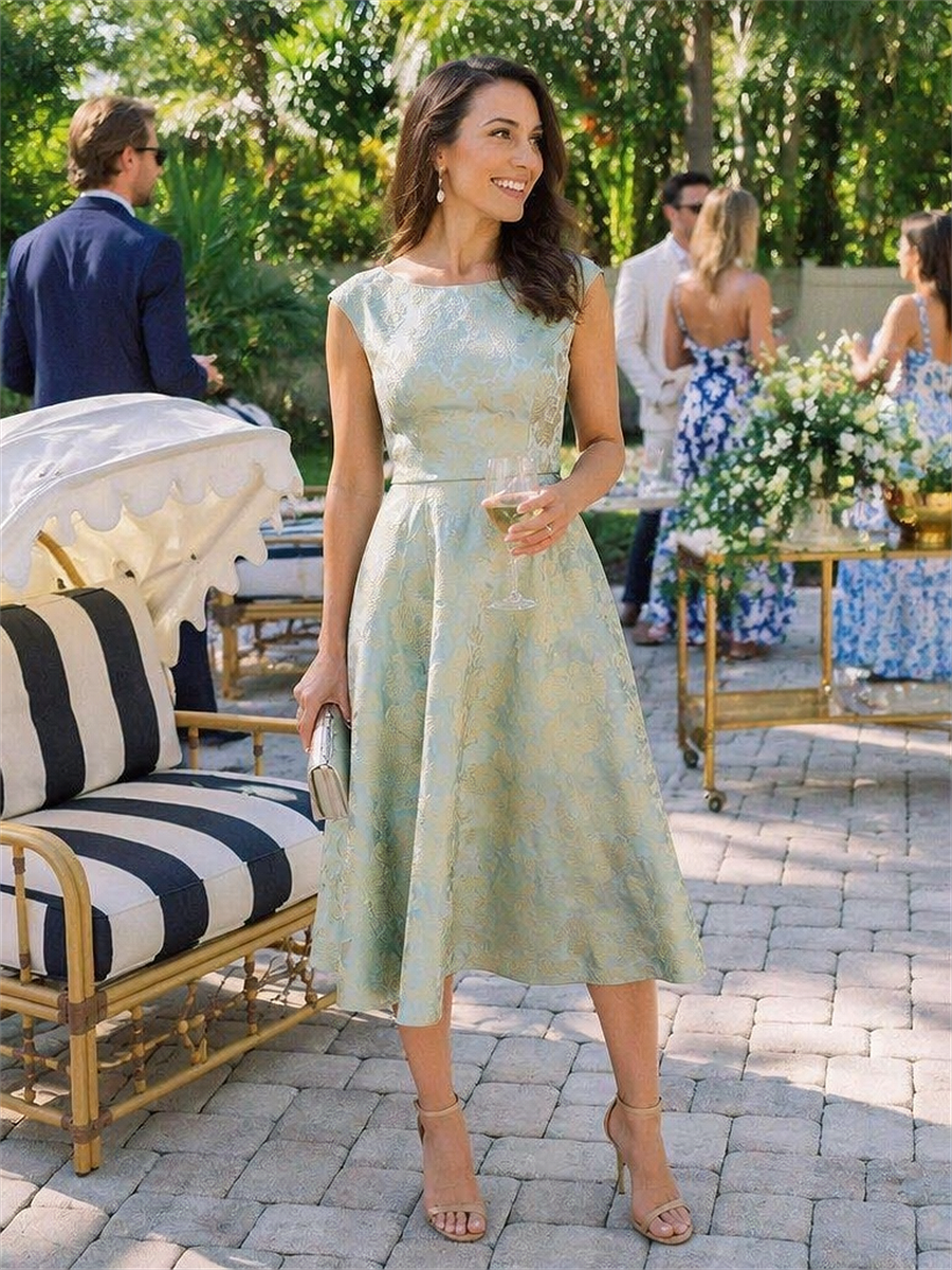 Floral Print Jacquard Cap Sleeve Wedding Guest Dress #color_Sky Blue/Gold