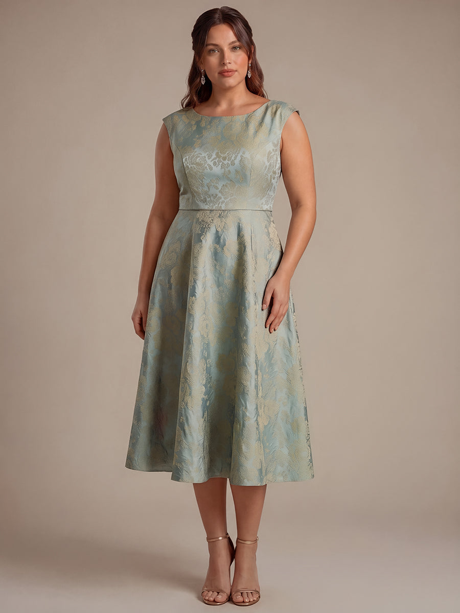 Plus Size Floral Jacquard Tea-Length A-Line Wedding Guest Dress #color_Sky Blue/Gold