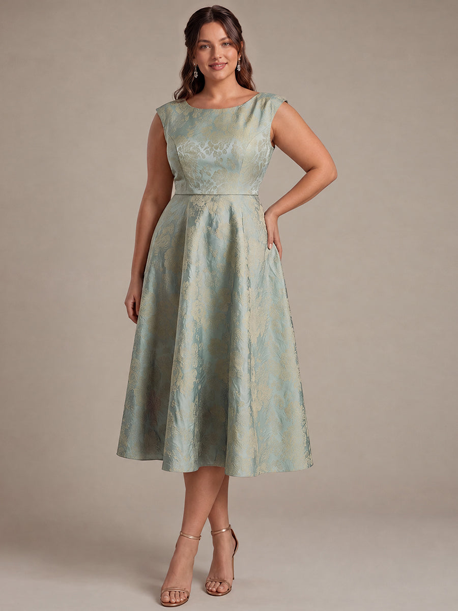 Plus Size Floral Jacquard Tea-Length A-Line Wedding Guest Dress #color_Sky Blue/Gold