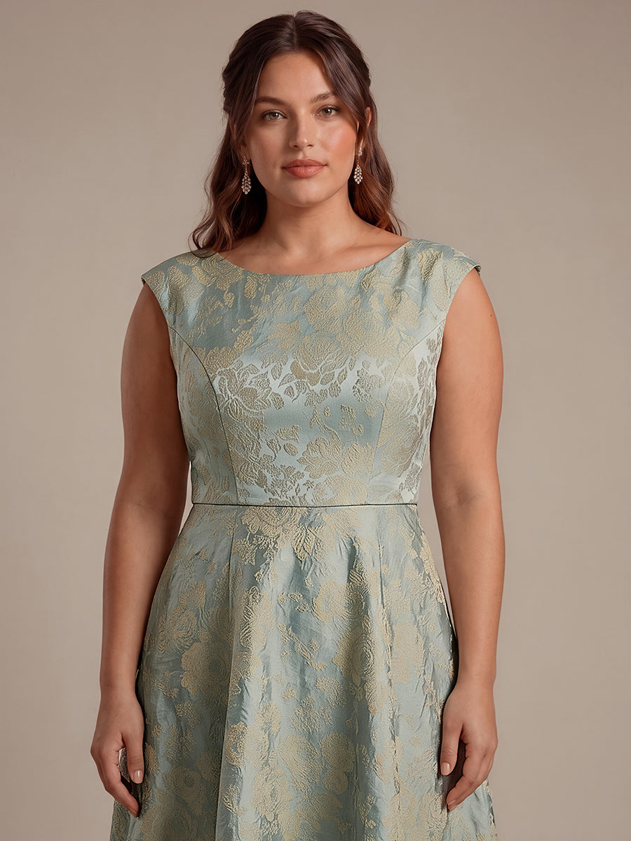 Plus Size Floral Jacquard Tea-Length A-Line Wedding Guest Dress #color_Sky Blue/Gold