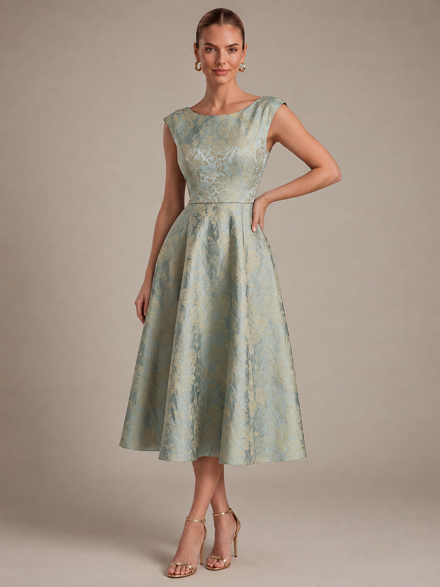 Floral Print Jacquard Cap Sleeve Wedding Guest Dress #color_Sky Blue/Gold