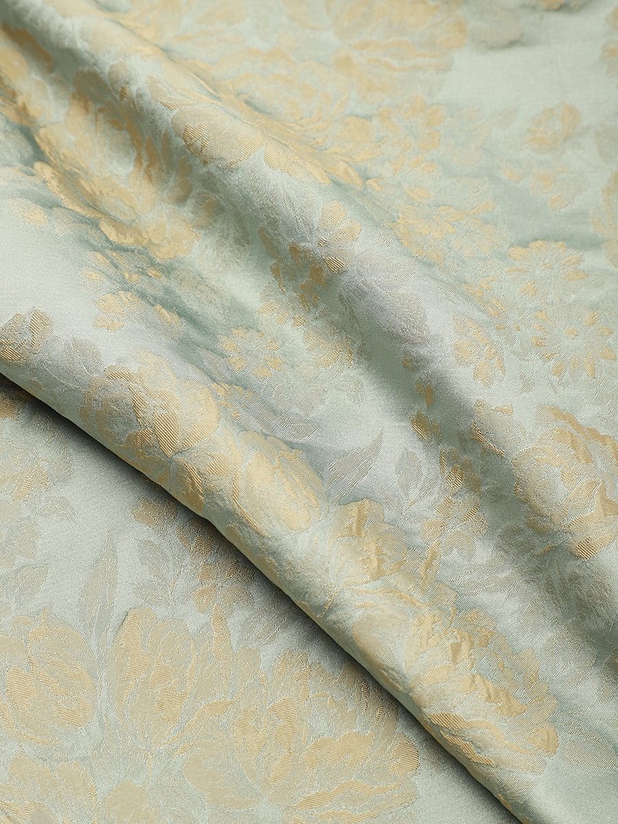 Plus Size Floral Jacquard Tea-Length A-Line Wedding Guest Dress #color_Sky Blue/Gold