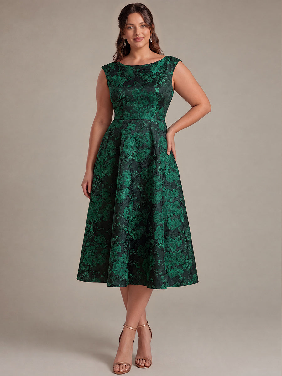 Plus Size Floral Jacquard Tea-Length A-Line Wedding Guest Dress #color_Dark Green/Black