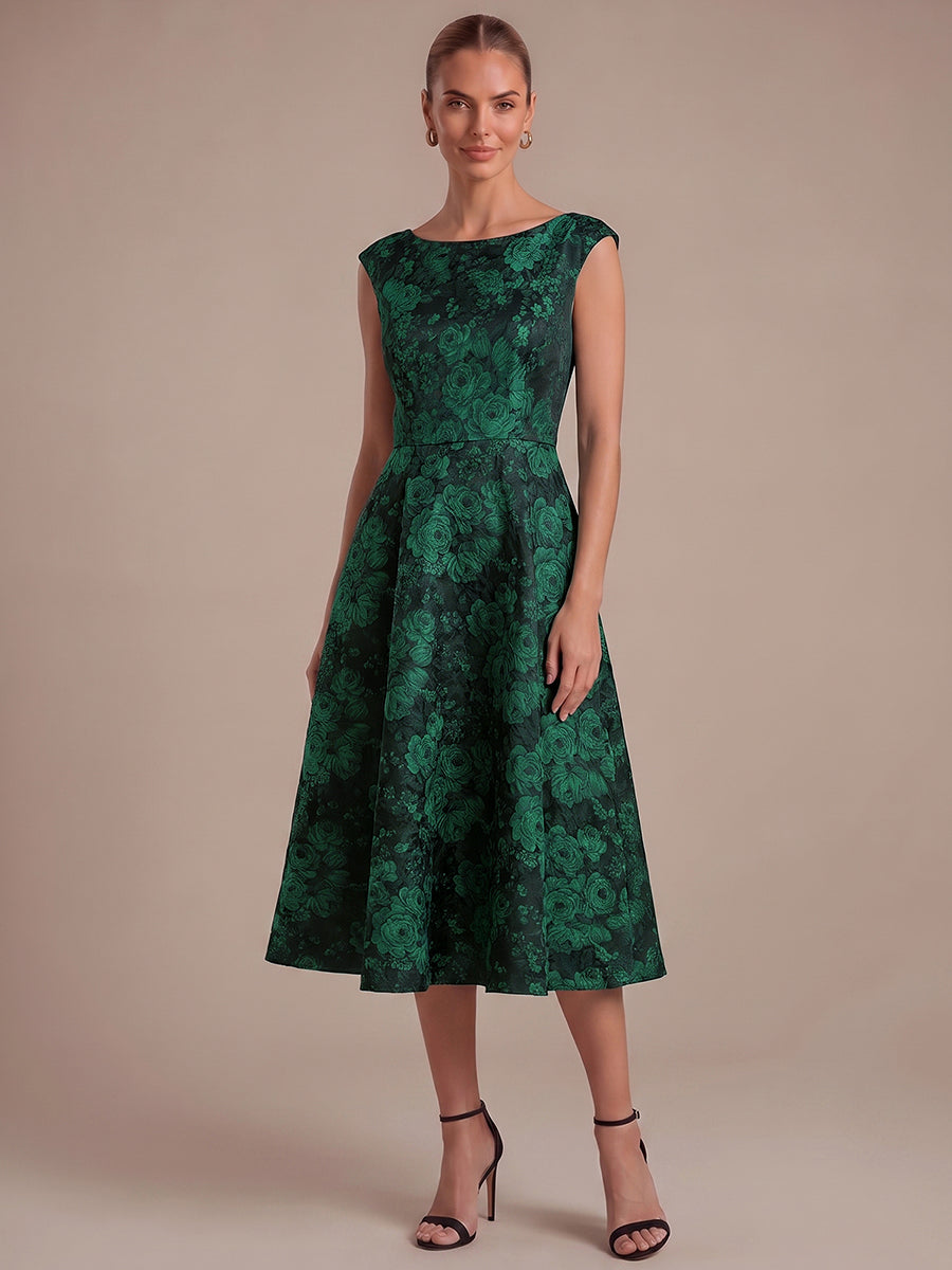 Floral Print Jacquard Cap Sleeve Wedding Guest Dress #color_Dark Green