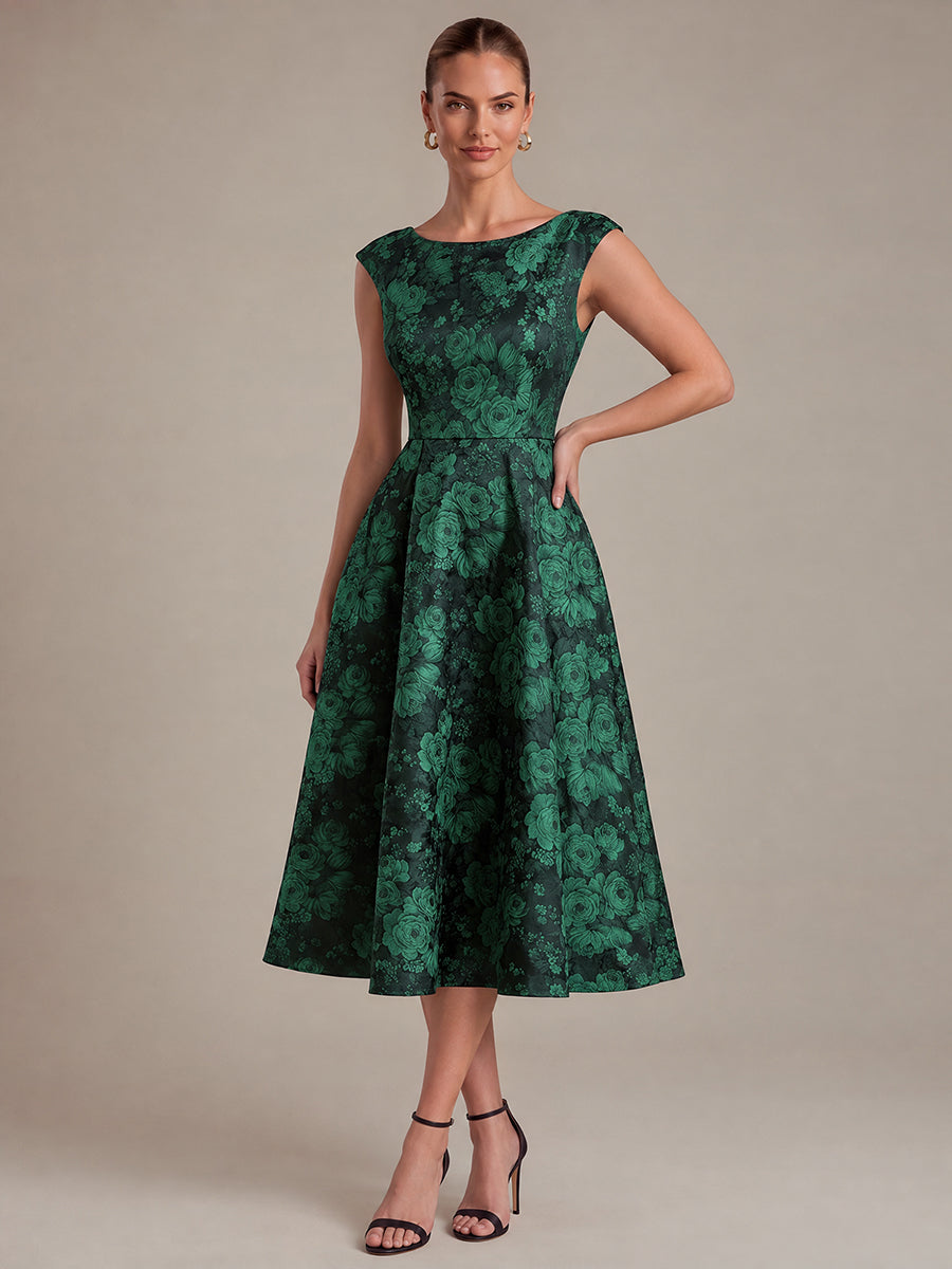 Plus Size Floral Jacquard Tea-Length A-Line Wedding Guest Dress #color_Dark Green/Black