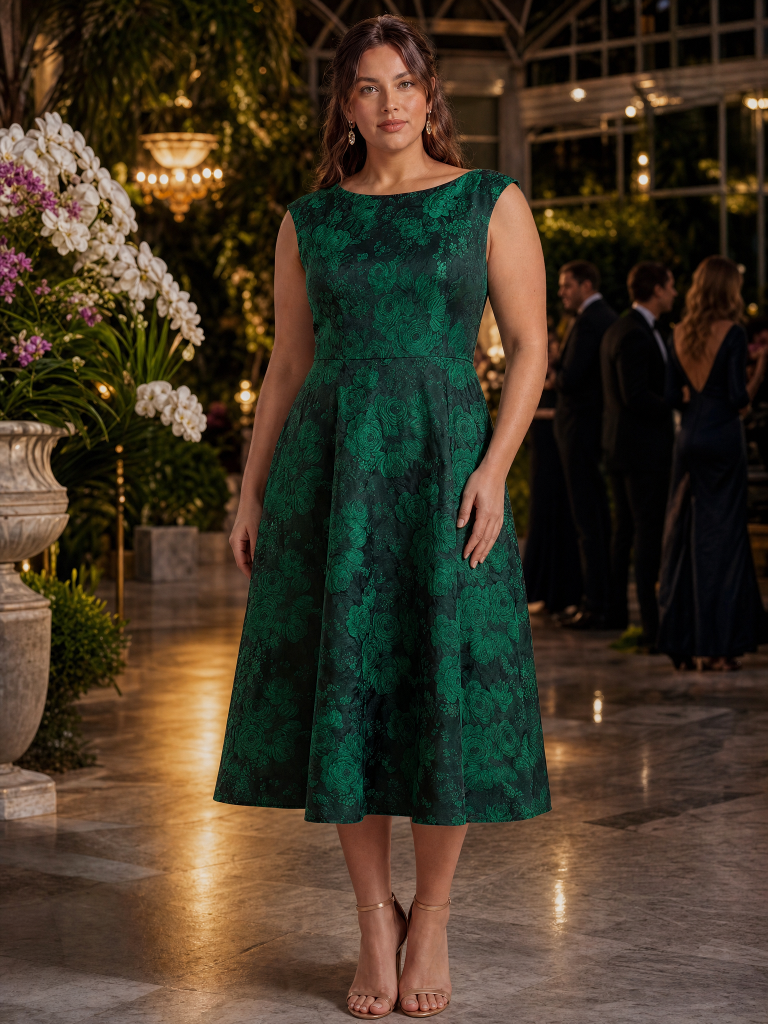 Plus Size Floral Jacquard Tea-Length A-Line Wedding Guest Dress #color_Dark Green/Black
