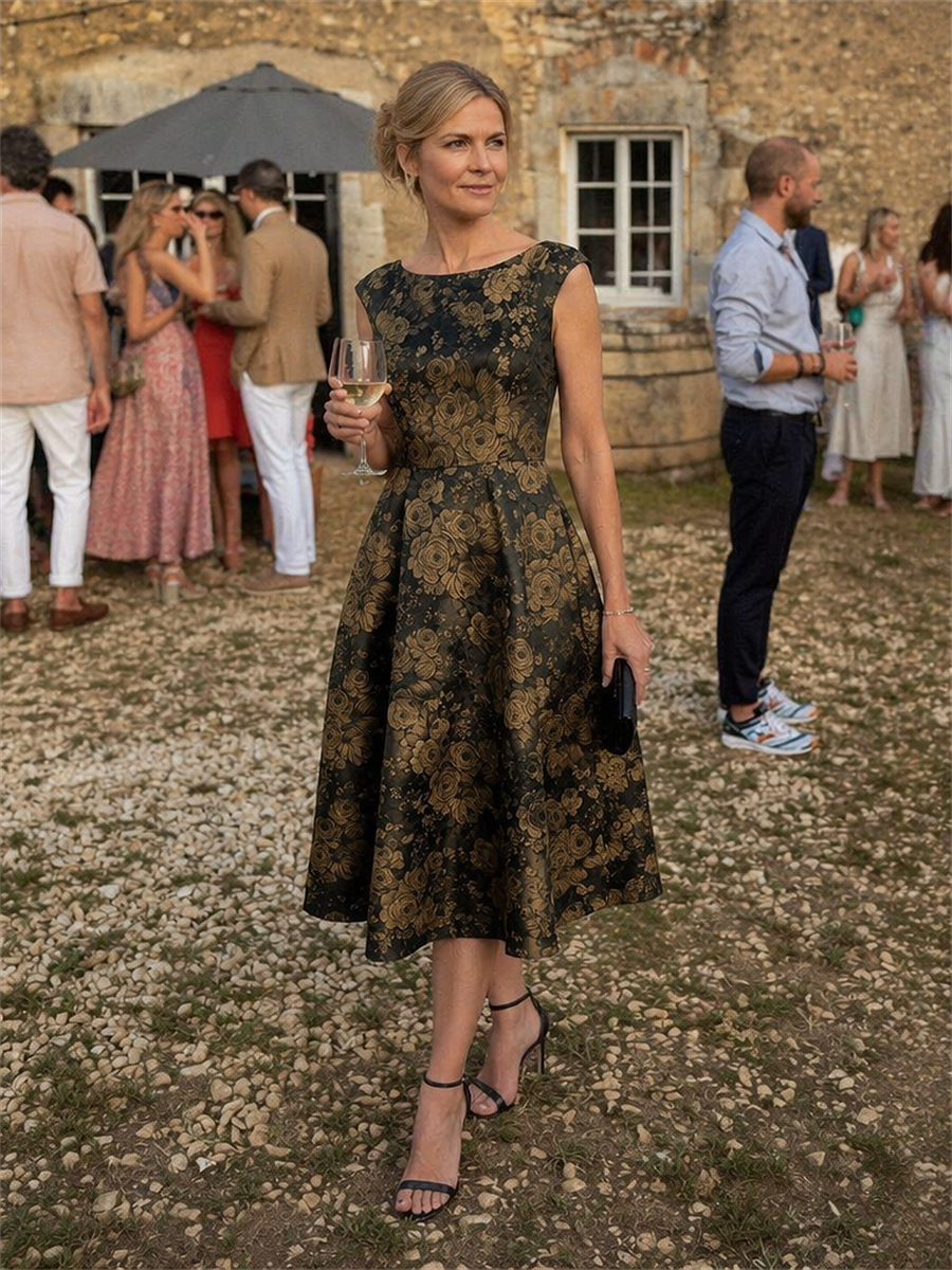 Floral Print Jacquard Cap Sleeve Wedding Guest Dress #color_Black/Gold
