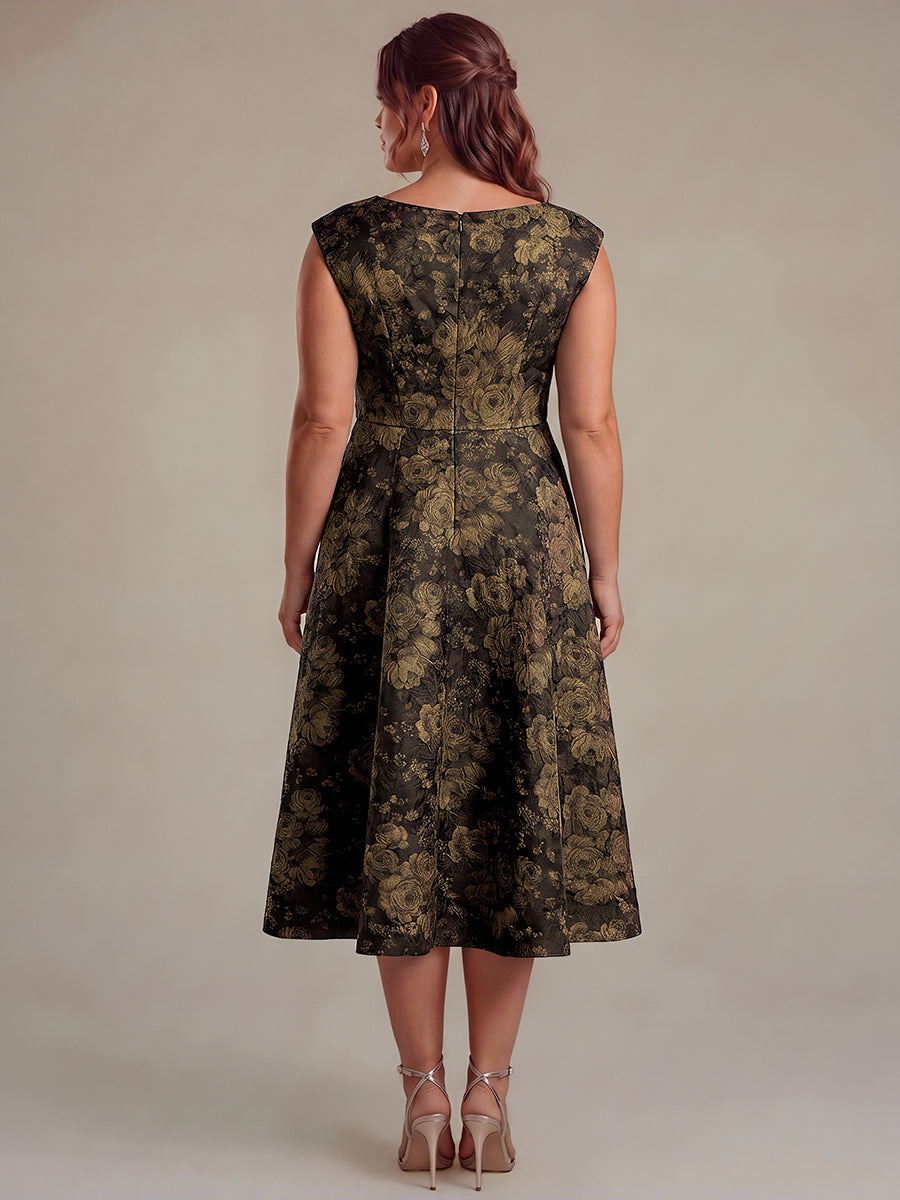 Plus Size Floral Jacquard Tea-Length A-Line Wedding Guest Dress #color_Black/Gold