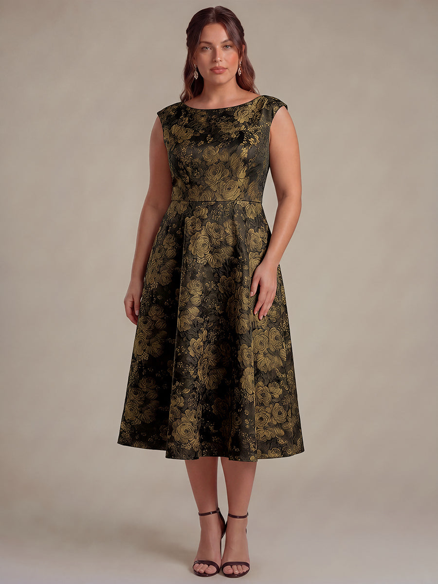 Plus Size Floral Jacquard Tea-Length A-Line Wedding Guest Dress #color_Black/Gold